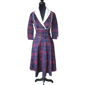 Unique Vintage 50s Swing Dress Navy and Red Plaid NWT XS